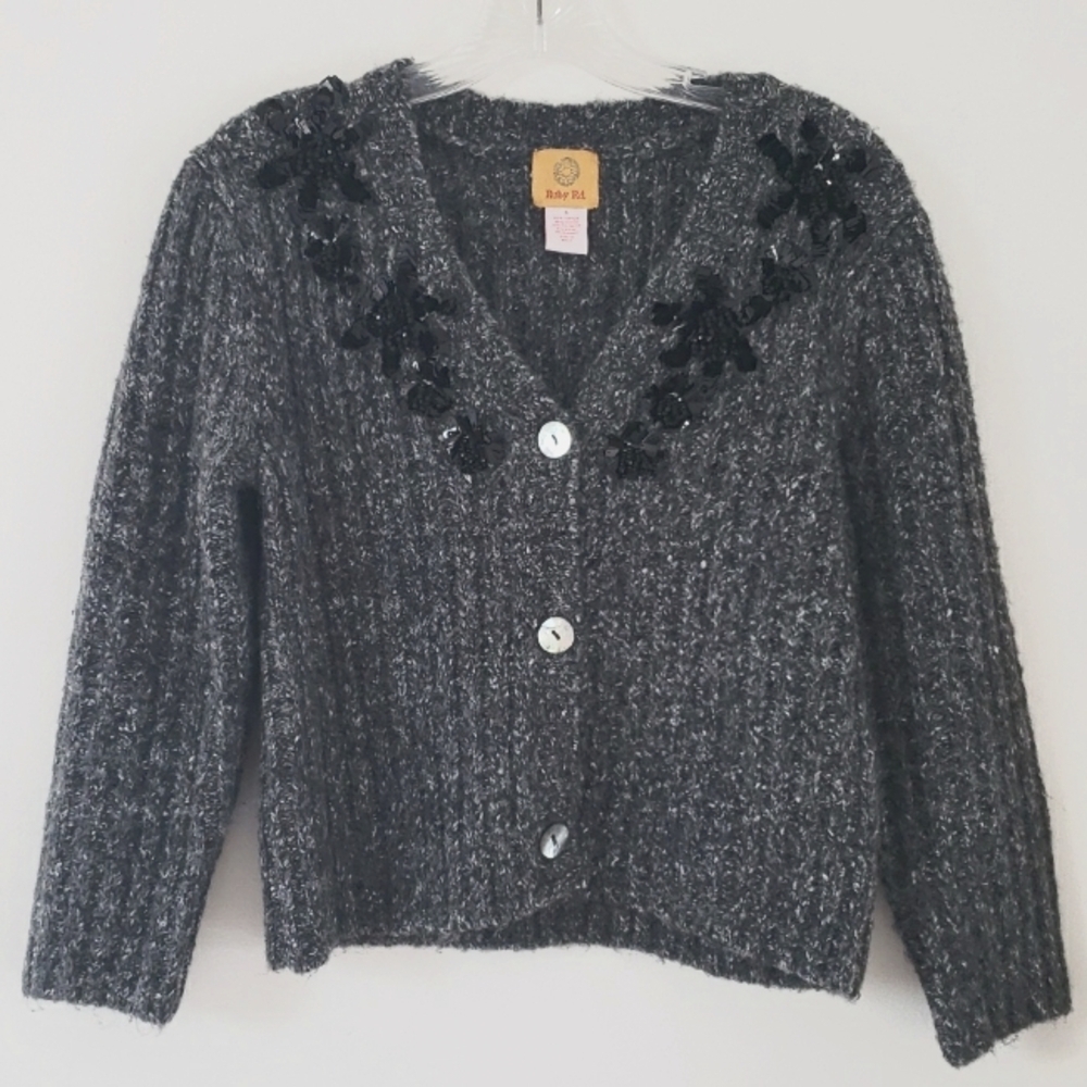 Ruby Rd. Heather Gray Ribbed Crop Sweater Cardigan w Black Embellishments, Sz S